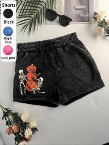 women's halloween themed shorts, casual comfy skeleton print shorts for daily wear, ladies bottoms for summer, loose fit shorts