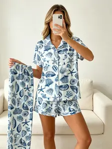 Women's 3 Piece Minimalist Ins Pajama Set, Short Sleeve Button Down Top, Shorts & Pants, All Season, White Base Hand Drawn Seashell Print, Great For Social Media Posts