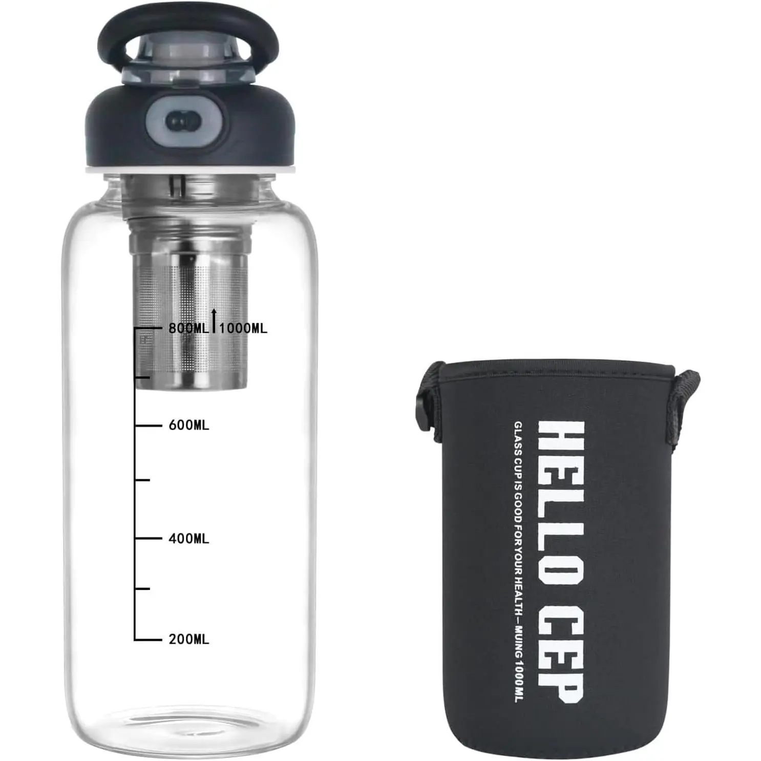 34oz Glass Water Bottle with Leak-Proof Lid, Protective Sleeve, Stainless Steel Tea Strainer, BPA-Free Borosilicate Glass Bottle for Hot & Cold Drinks, Coffee, Tea, Water, Gym, Office
