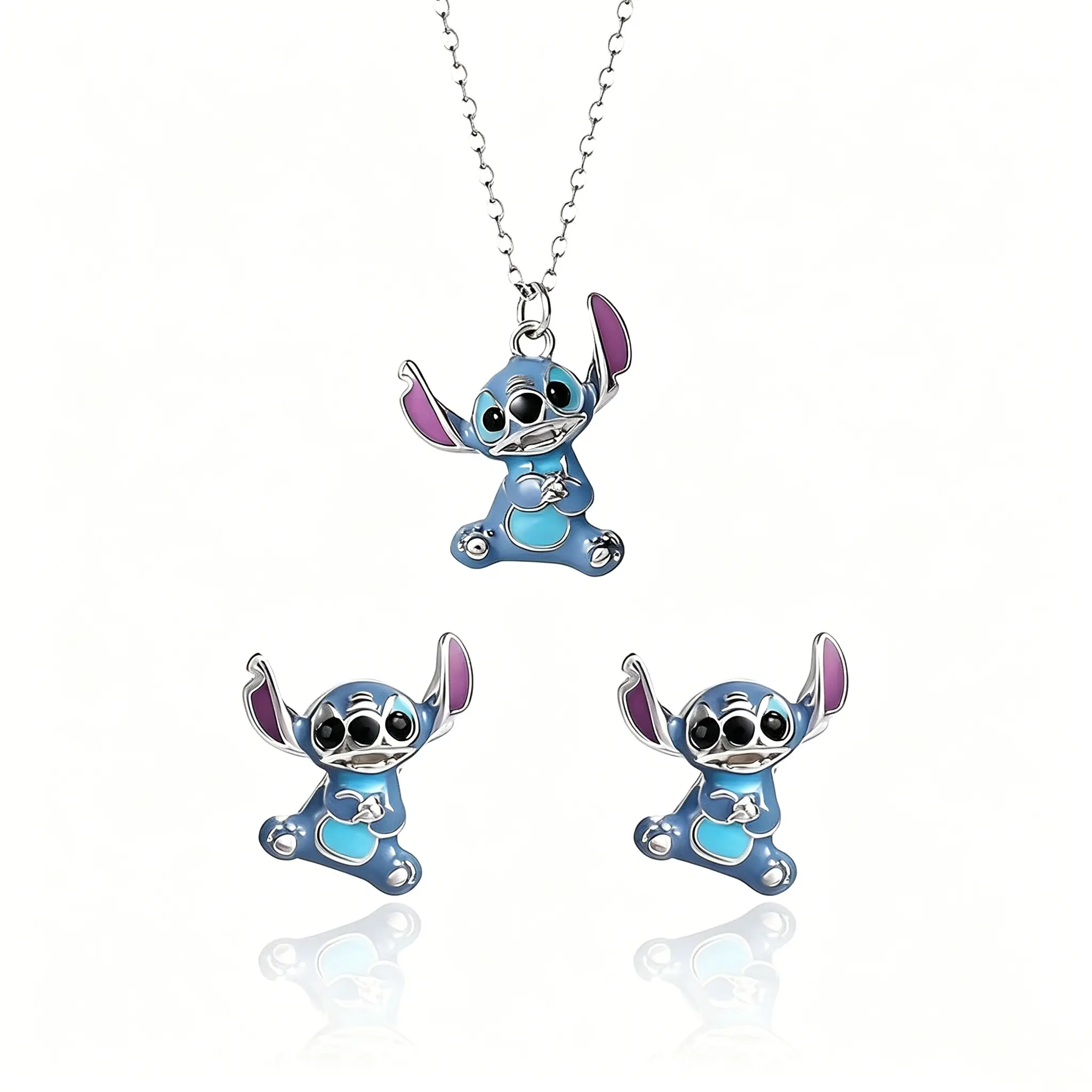 Disney Stitch Necklace And Earrings Set, Lightweight Matching Jewelry With Chain And Studs, Comfortable Everyday Accessory For Casual And Dressy Looks