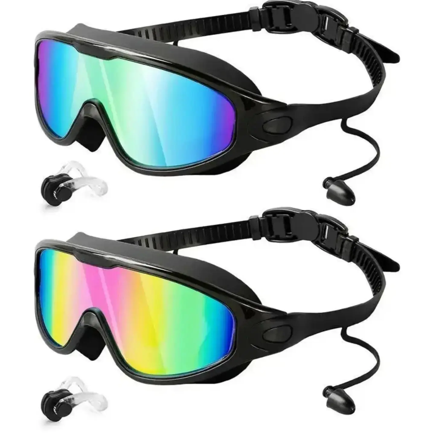 Summerwins 2-Pack Swim Goggles with Nose Clip & Earplugs, 180 Wide Vision, Anti-Fog, UV Protection, Leakproof Swimming Glasses for Adults & Kids, Pool Use, Kids Swim Goggles