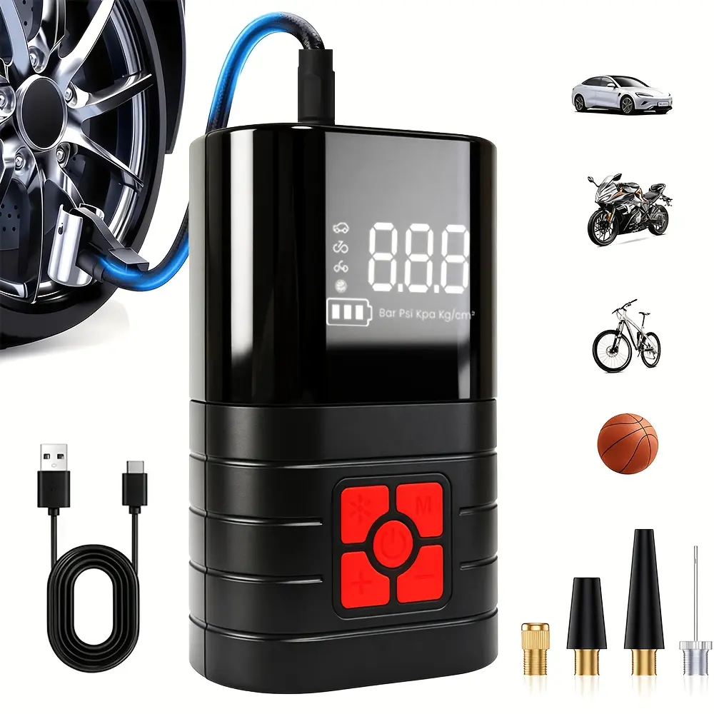 Portable Tire Inflator, 250 PSI Rapid Inflation, USB-Rechargeable Large-Capacity Battery, Digital Gauge, LED Lighting, Compatible with Cars/Bikes/Motorcycles, Essential Road Trip Automotive Repair Accessory