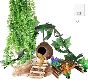 Crested Gecko Tank Accessories, Reptile Hanging  Vines with Coconut Shell Ladder Hideout Hermit Crab Decor for Lizard, Chameleon Cage, Snakes, Hermit Crab, Leopard Gecko