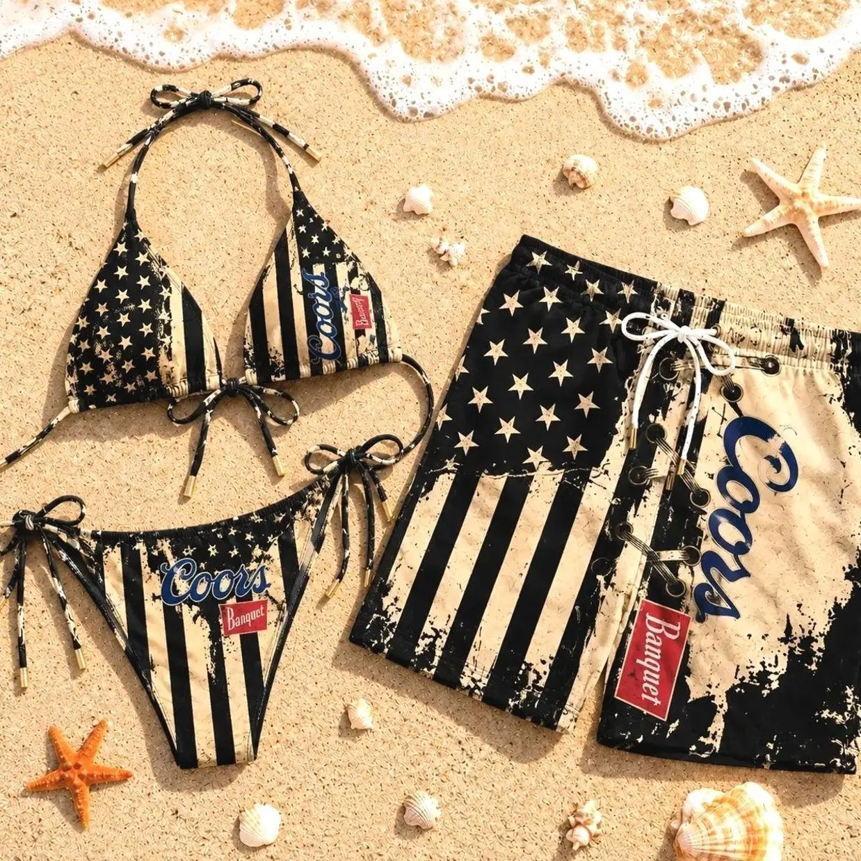 Coors Banquet Matching Couple Swimwear Set 2026 – Bikini & Men’s Beach Shorts, Trendy Summer Vacation Beach Outfit MWR L23
