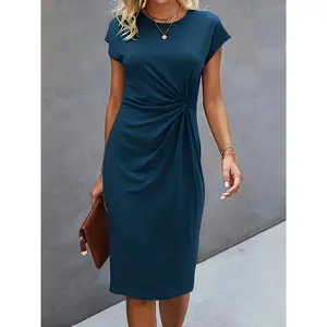 1pc Women'S Fashion Casual Knit Dress, Solid Color Short Sleeve Round Neck, Polyester and Spandex Blend, Slim Fit Bodycon for All Seasons