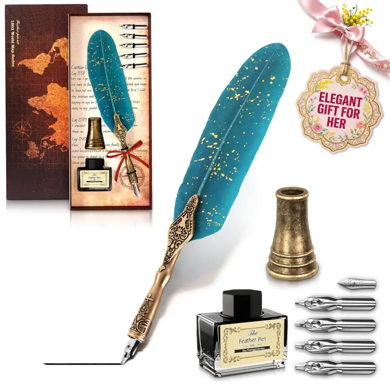 Feather Quill Pen and Ink Calligraphy Gift Set - Stainless Steel Dip Pen Writing Quill and Ink Set with 5 Replacement Nibs, Non-Slip Knurled Grip, Display Stand and Elegant Gift Box, Aesthetic Pens, Art Supplies, Writing Stationery