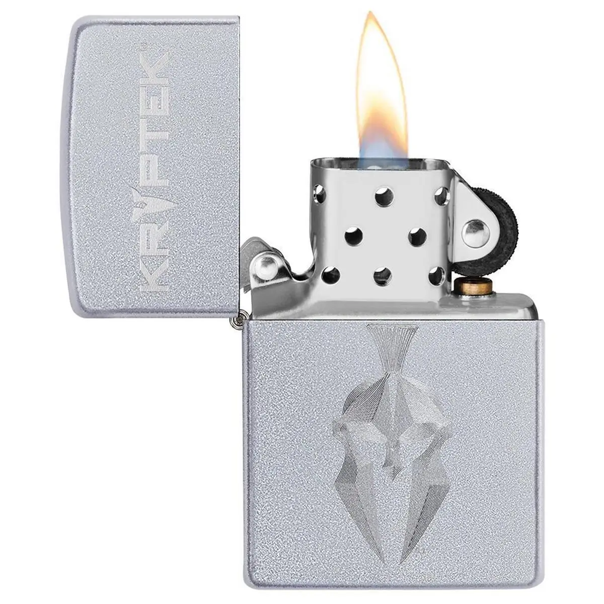 Zippo Unisex Satin Chrome All-Metal Windproof Pocket Lighter - Kryptek Helmet Logo Auto-Engraved, Durable, Refillable, Fuel-Powered Collectible for Motorcycle, Car Interior Decoration Accessories