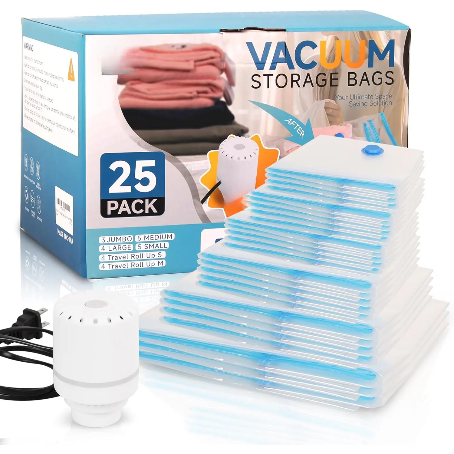 25 Pack Vacuum Storage Bags with Electric Air Pump, Space Saver Bags (3 /4 Large/5 Medium/5 Small/4 Roll M/4 Roll S)  for Comforters and Blankets, Duvets, Pillows, Travel