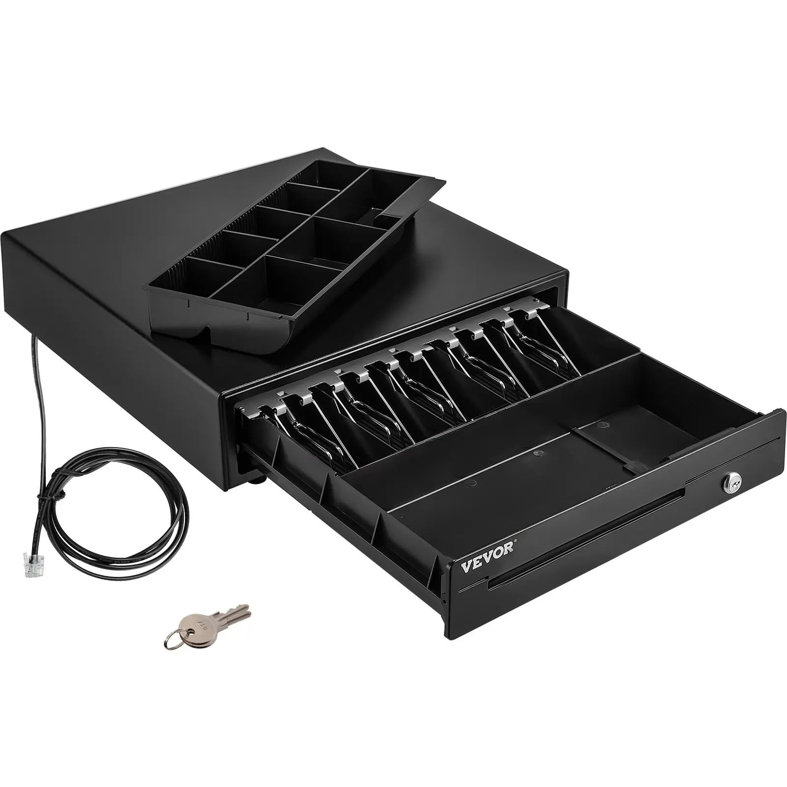 VEVOR 16x16.5 in SPCC Steel POS Cash Register Drawer (16.1"x4" Height), 12V, Movable 5 Bill Trays, 8 Coin Trays, 2-Keys Secure Access, RJ11 Cable, Wide Compatibility for Restaurants, Small Businesses, Banks