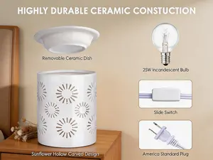 Ceramic electric wax warmer with Edison bulb lighting. It melts scented wax and burns essential oils, featuring sunflower details. Perfect for home aromatherapy and gifting.