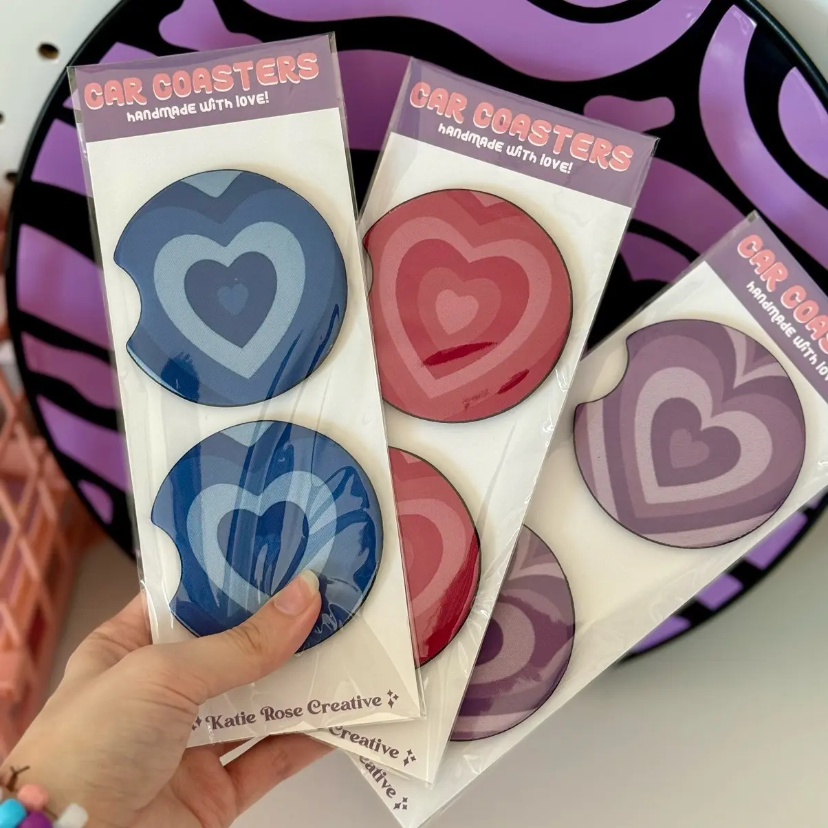 radiant heart pattern car coasters | set of two car coasters | trendy car accessories | purple pink blue green car coaster | fun car accessories