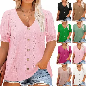 【XL-5XL】Plus Size Curve Imily Bela Curve Womens Plus Size Tunic Tops V Neck Short Puff Sleeve Tops Casual Summer Eyelet Blouses