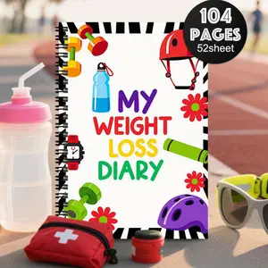 Weight Loss & Wellness Journal - 1 Book A structured fitness plan and daily workout schedule for men and women, designed for those passionate about weight loss and fitness. Features vibrant cartoon illustrations with dumbbell motifs and office organizatio