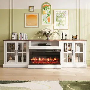 【3 Packages Shipping】98" Farmhouse TV Stand with 36" Fireplace for TVs up to 100", Media Entertainment Center with Adjustable Shelves and Large Storage Cabinets, for Living Room, White & Black
