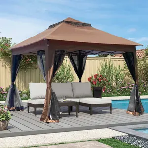 Outdoor 11x 11Ft Pop Up Gazebo Canopy With Removable Zipper Netting,2-Tier Soft Top Event Tent,Suitable For Patio Backyard Garden Camping Area with 4 Sandbags,Brown    RR double screen