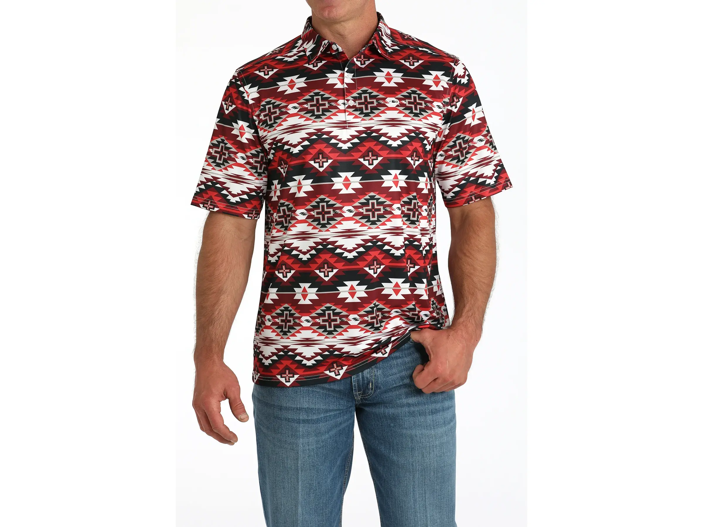 Cinch Red/White/Black Aztec Print Polo Shirt for Men Performance Polo Menswear Top Outdoor