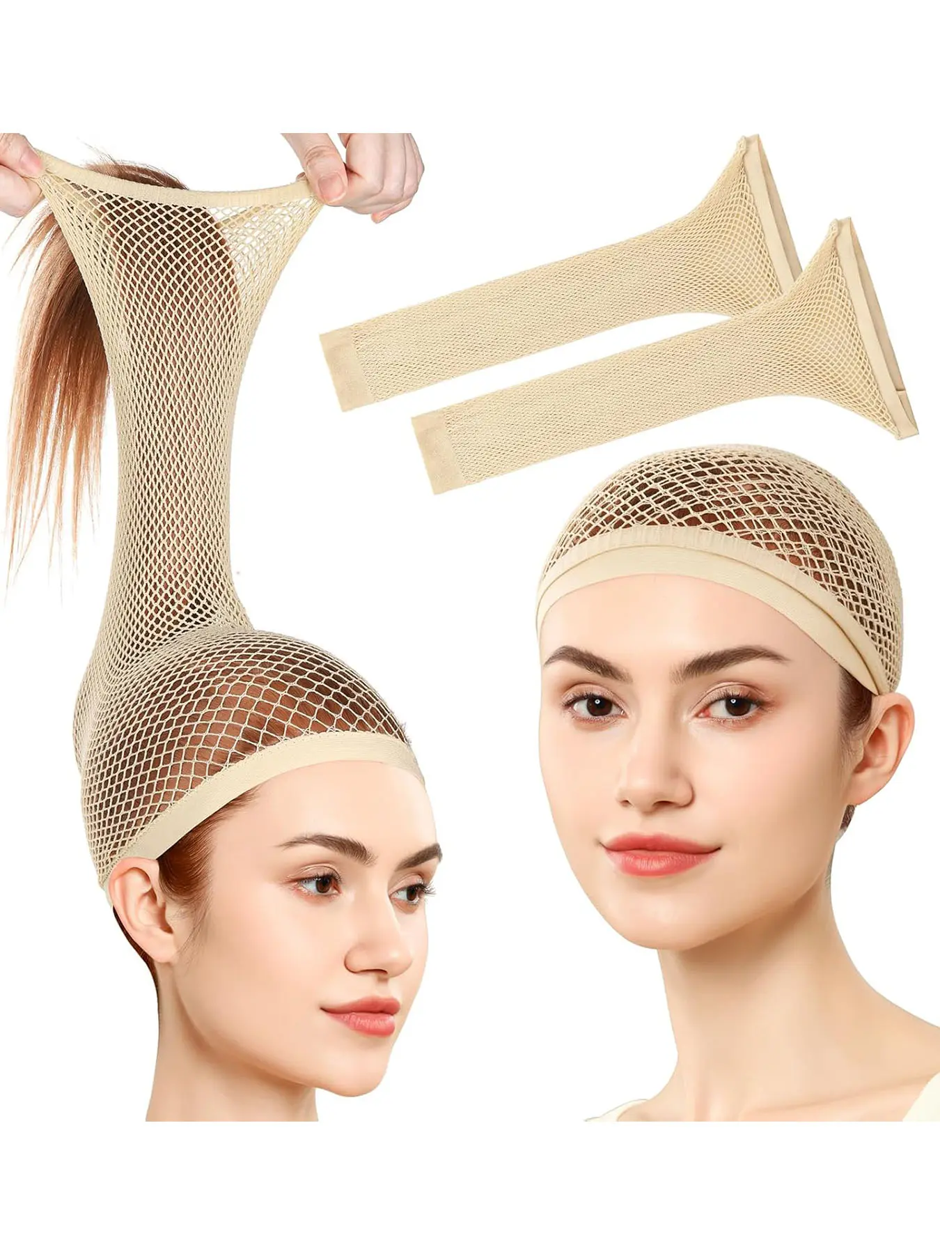 New Upgrade Breathable Wig Cap, 30cm Large Mesh Hair Net for Long Hair, Non-Slip Nylon Wig Grip Cap for Women, Light, 2pcs for Halloween & Cosplay, Wig Cap With Grip Band