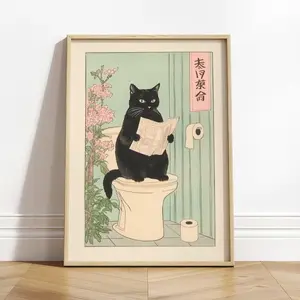 [ SALE UP TO 50% ] Japanese Black Cat on a toilet, Funny bathroom print, Toilet poster, Japan cat wall art, Aesthetic minimalism, Neutral Japandi print