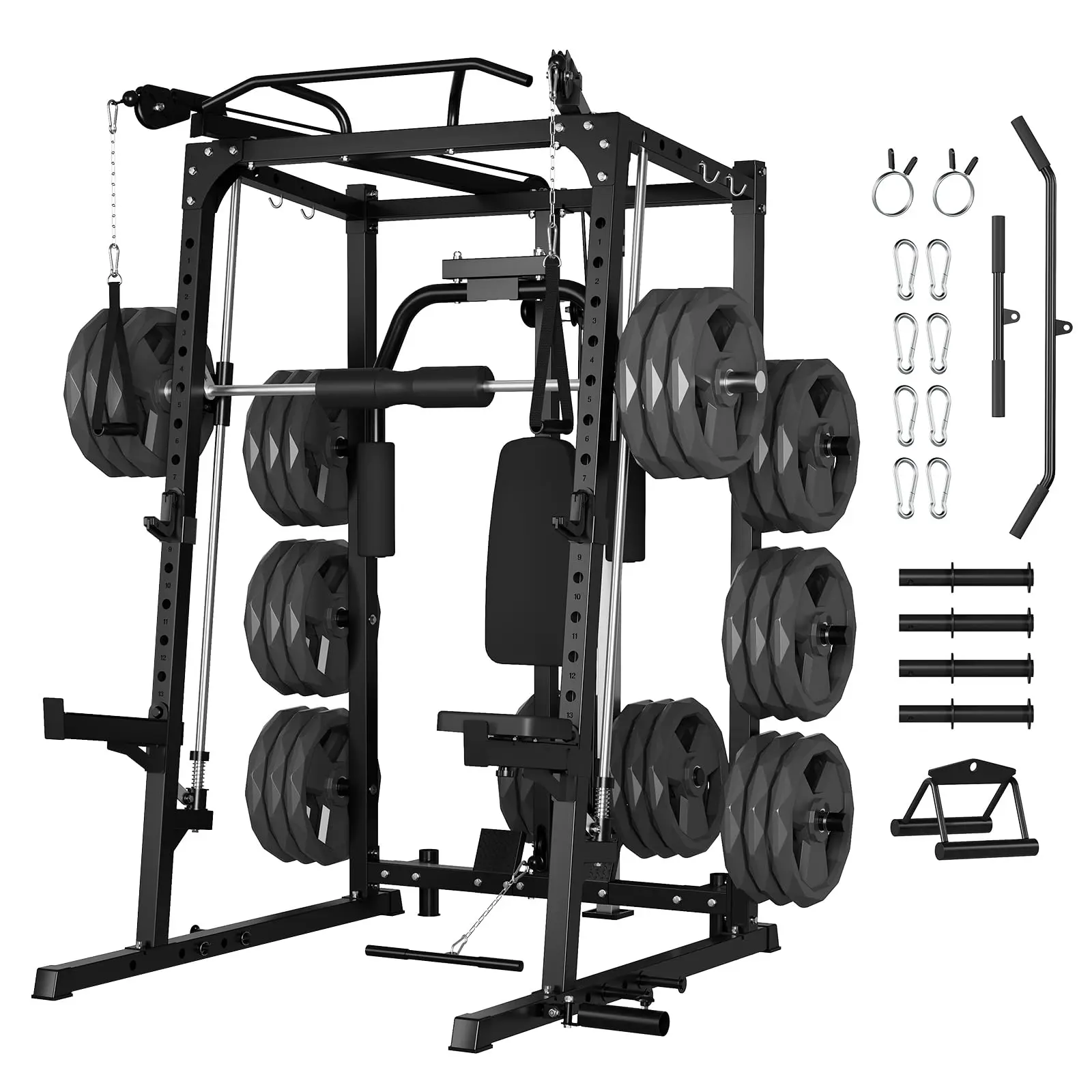 2000LB Smith Machine – Multi-Function Home Gym Power Cage with Cable Crossover, Lat Pulldown, and 8 Weight Storage Pins, Squat Rack Included, No Weight Plates