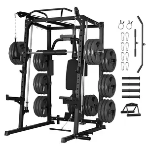All-in-One Smith Machine Gym System with Power Rack & Cable Crossover, 2000LBS Heavy Duty Squat Rack Workout Machine with Linear Bearing for Home Garage Gym, Multifunctional Strength Training Fitness Equipment