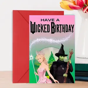 1 PIECE Wicked Birthday Card – Inspired by Wicked the Musical (Glinda & Elphaba Design)! Vibrant art, playful "Wicked Birthday" slogan, perfect for musical fans. Sturdy quality + matching red envelope – unique, eye-catching gift for theater lovers!