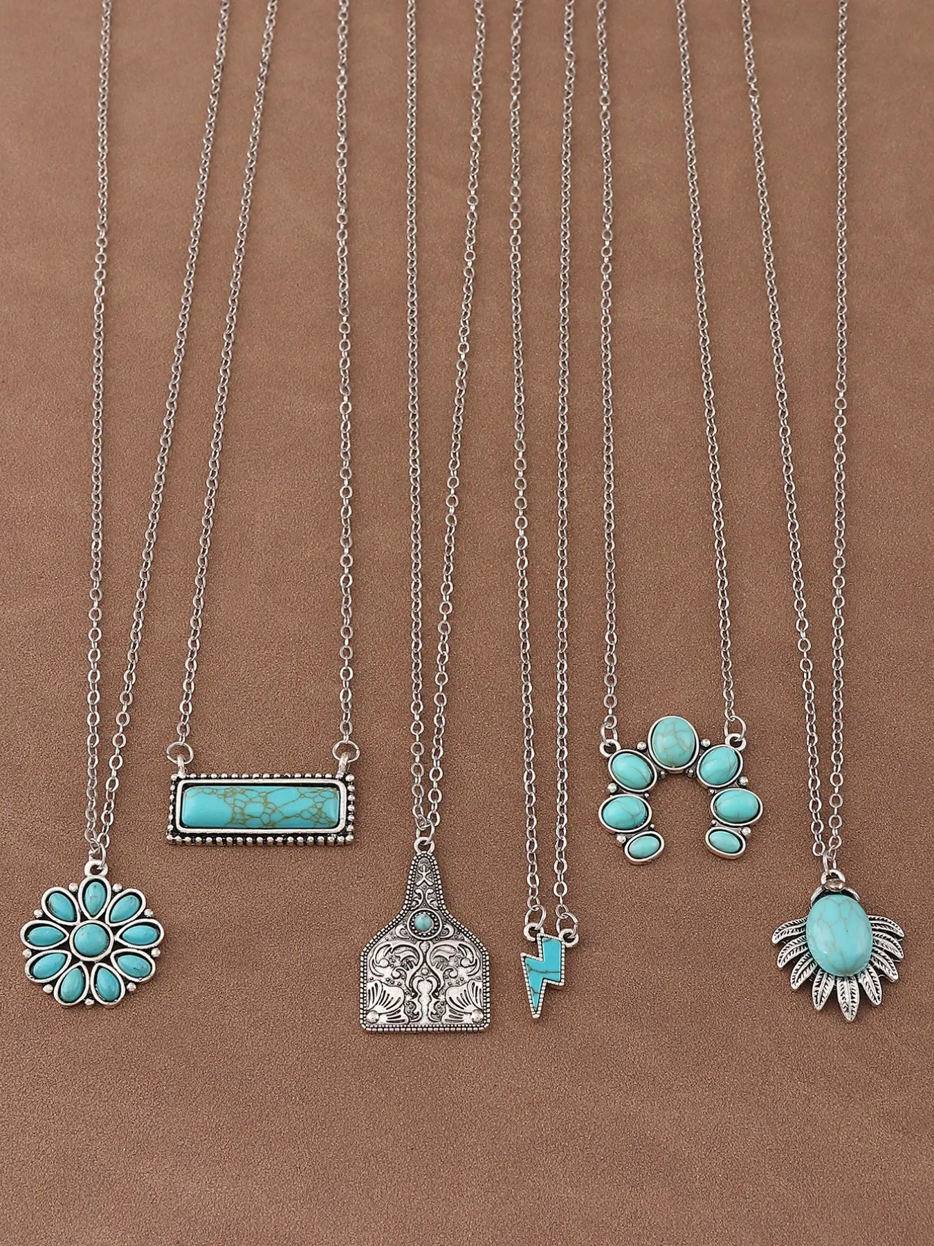 6pcs/Set of Retro Western Cowboy Style Turquoise Charm Pendant Design Chain Necklace Suitable for Women's Daily Wear Alloy Necklace Necklets