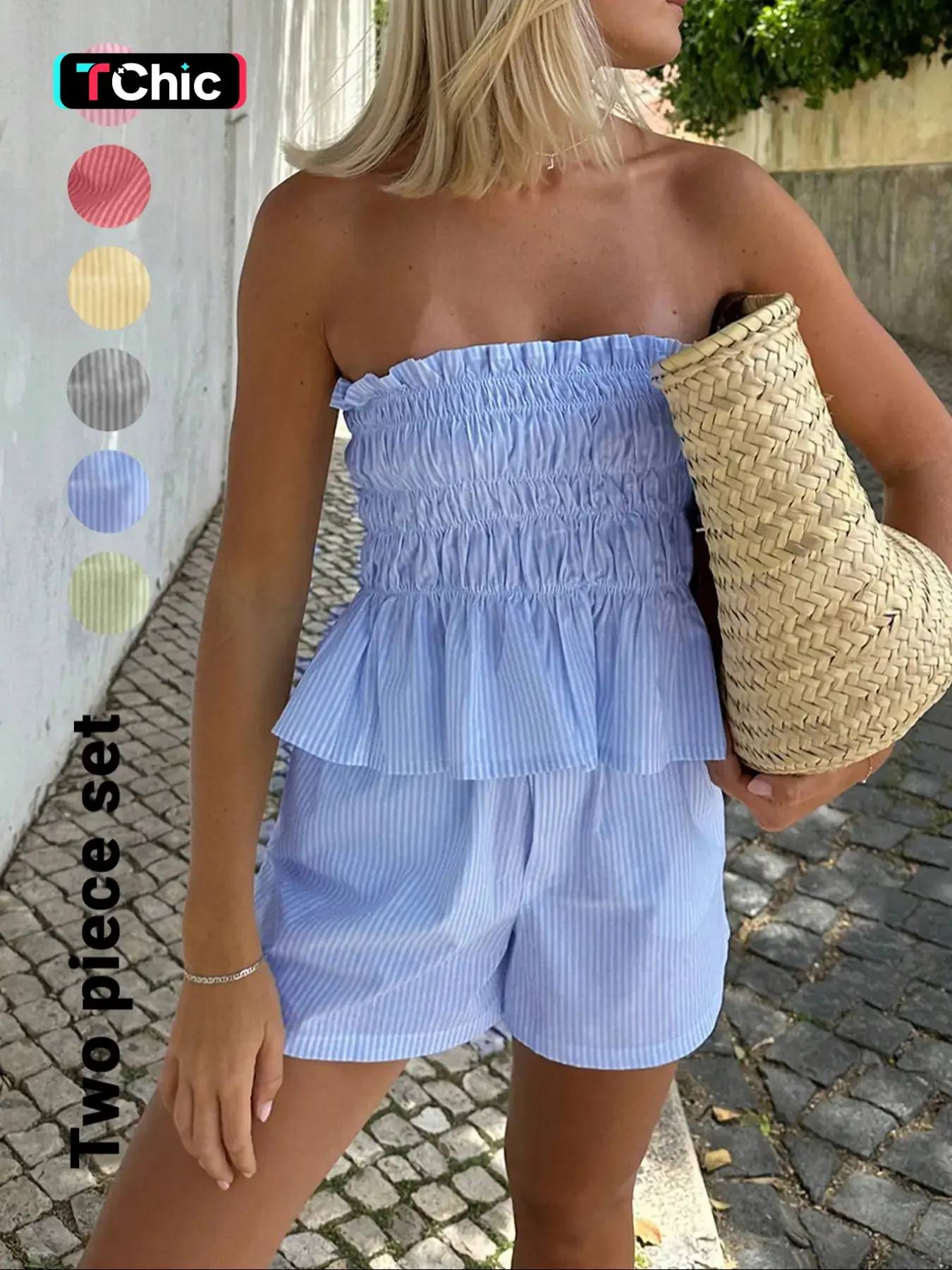 Two-piece Set Women's Striped Print Tube Top & Shorts Set, Casual Strapless Top & Shorts for Daily Wear, Ladies Clothes Womenswear for Summer Outfit Matching