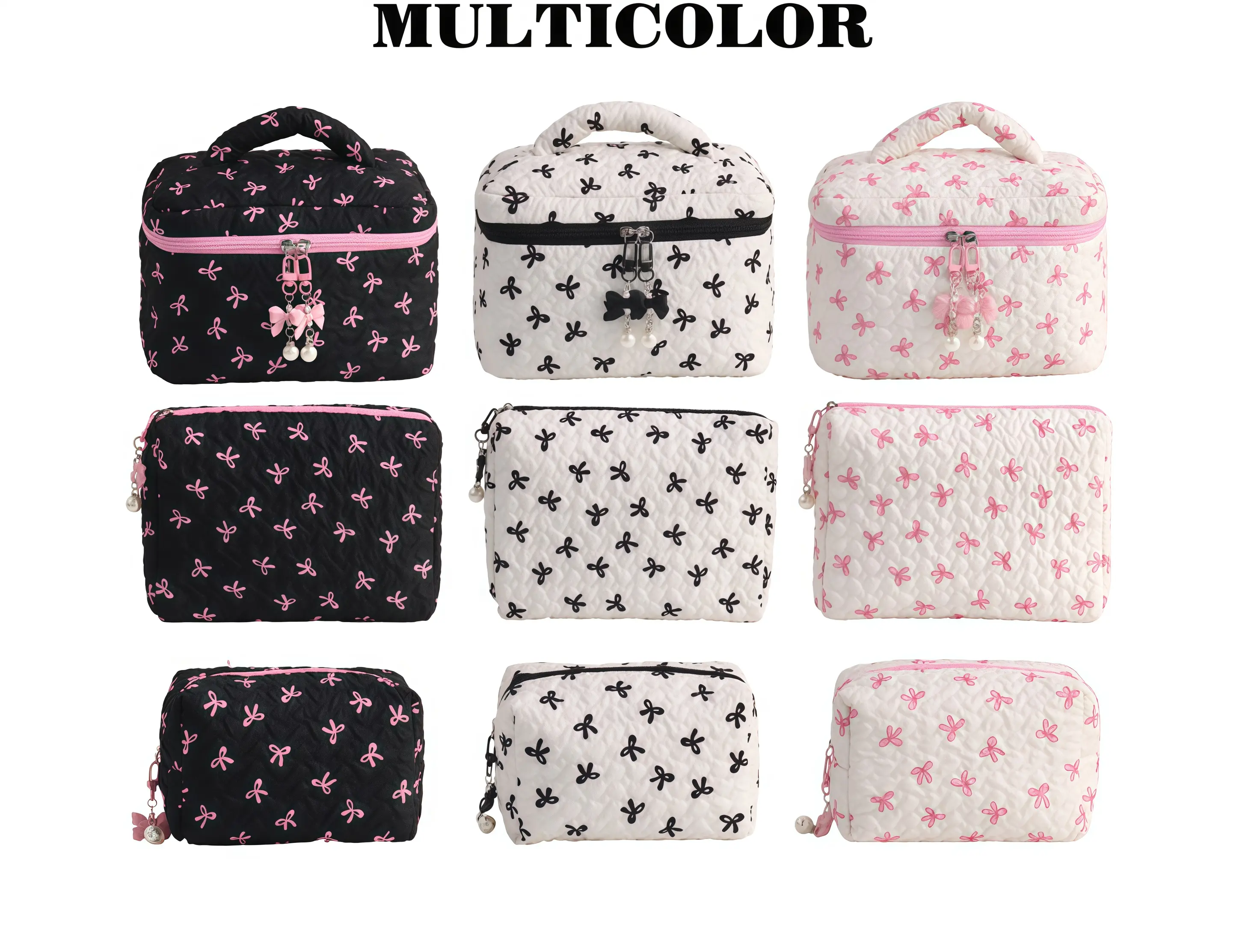 Coquette Bow Print Quilted Makeup Bag Set, Cute Pink Black White Bow Charm Zipper Cosmetic Pouch, Portable Toiletry Organizer Bag with Pearl Bow Pendant for Travel Daily Skincare Lipstick Storage Accessories