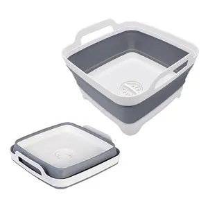 2.4 Gallon (9 Liter) Collapsible Dish Basin Container with Drain Plug,Space Saving Outdoor Multi-Purpose Collapsible Sink Tub,Dishware,Kitchen Storage Tray,Camping,Vegetable Wash,RV, Bathroom