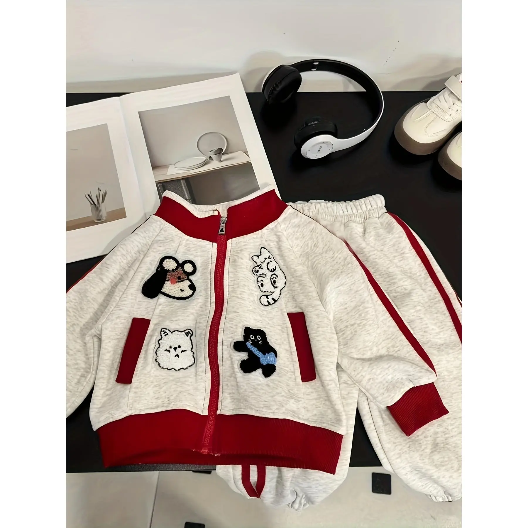 Toddler Boys' Animal Print Fleece Outfit Set, Casual 2-Piece Cotton Long Sleeve Hoodie & Pants for School Outings, Animals, Boys Sets, Casual Wear, Animal Prints