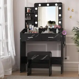 Gaomon Stylish Multi-Function Backlight Makeup Vanity Set with Chair - Black Marble LED Lighted Desk, Power Outlet, Cushioned Stool, 2 Drawers, 3 Adjustable Brightness Color-Adjustable Vanity for Bedroom, Stylish Makeup Vanities