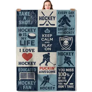 Hockey Player Flannel Blanket Blue White Motivational Quote Design Warm Lightweight Throw Blankets for Sofa Picnic Travel and Gathering Decorate All Season Use Sport Lovers Gifts