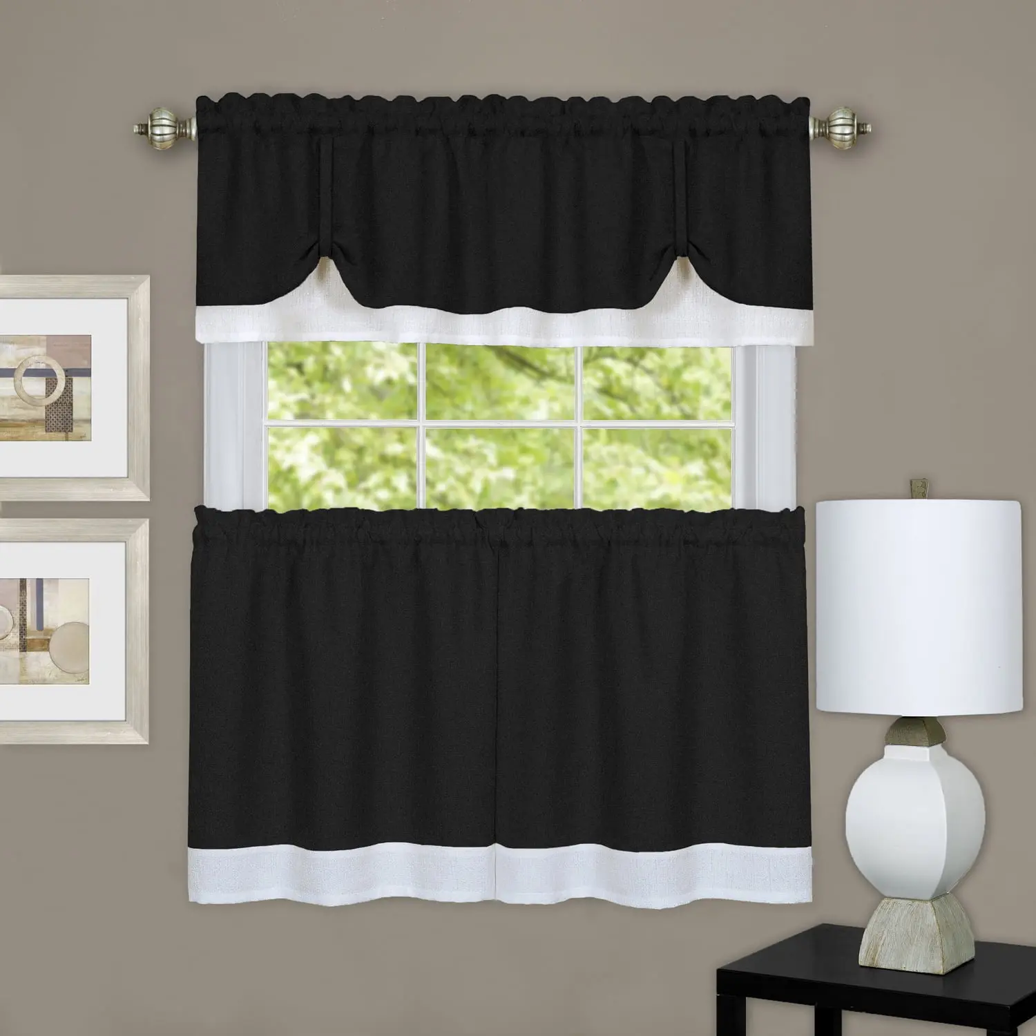 Achim DRTV24BW12 58x24 in. Darcy Neutral Tones Window Curtain Tier Set with Valance, Window Decor, Black & White