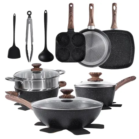 17 Pcs Nonstick Pots and Pans Set, Granite Cookware for All Stovetops, Removable Handle, Lightweight & Non-Toxic | #KitchenFinds #CookingHacks