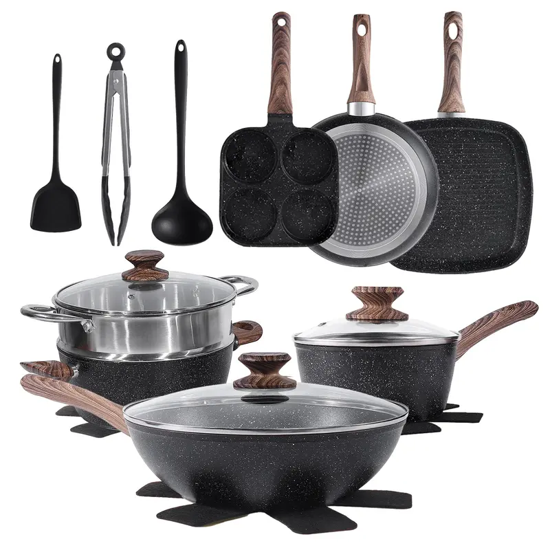 17 Pcs Nonstick Pots and Pans Set, Granite Cookware for All Stovetops, Removable Handle, Lightweight & Non-Toxic | #KitchenFinds #CookingHacks