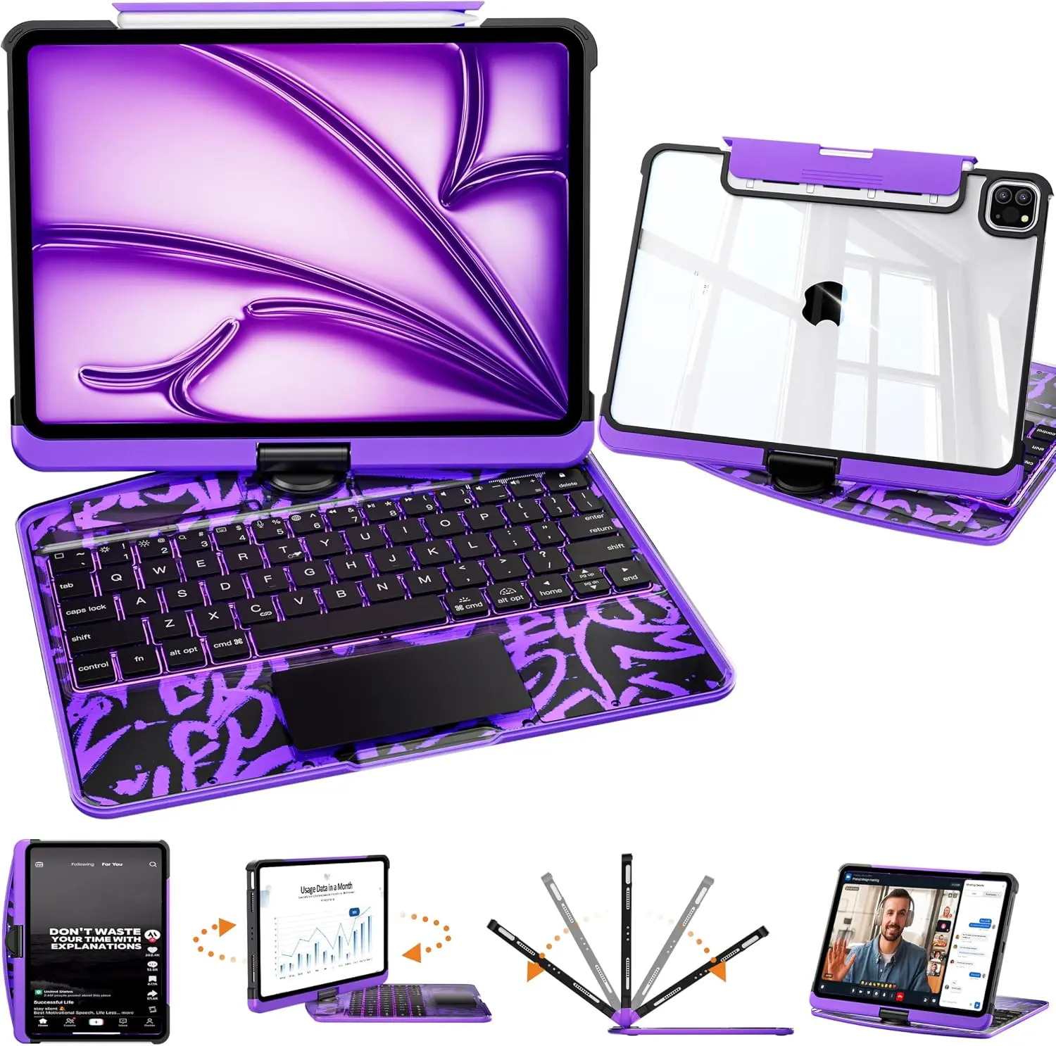 Y2K Dopamine Purple iPad Case With Keyboard For Apple iPad (8.3'/10.2'/10.9'/11'/12.9'/13 inch )ipad 7-11th(A16)/ipad air(2022-2026) / ipad pro (2018-2025) and ipad mini， RGB Backlit Keyboard, Transparent Back, Pencil Holder, Type-C Charging