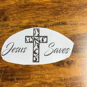 Chrome Jesus saves window decal with engraved cross