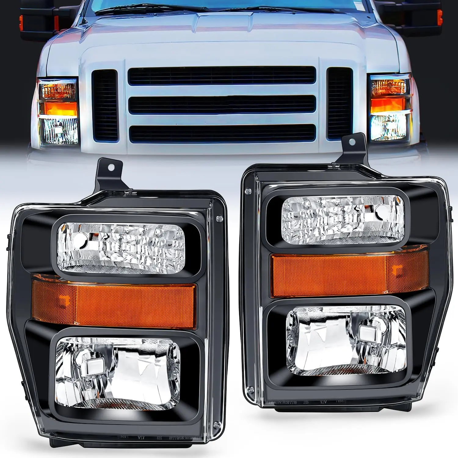 Nilight Headlight Assembly Compatible with 2008 2009 2010 Ford F250 F350 F450 Super Duty Headlamps Replacement Black Housing Amber Reflector Clear Lens Driver and Passenger Side, Car Stuff