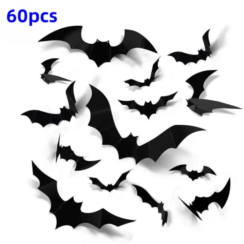 Bat Shaped Decorative Wall Sticker, PP Material, 60pcs/set 3D Bat Wall Decal, Spooky Halloween Theme Wall Art Decoration, Decorative Stickers, Seasonal Decoration for Home Living Room Bedroom Hotel School Decoration Items