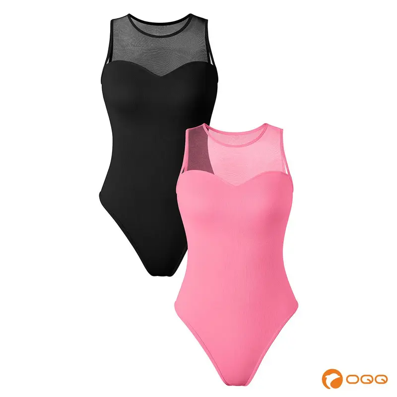 OQQ-Nine cents 2 Piece Bodysuits For Women Sexy Crew Neck Mesh Stretch Tank Tops Bodysuits Soft Stretchy Womenswear Underwear