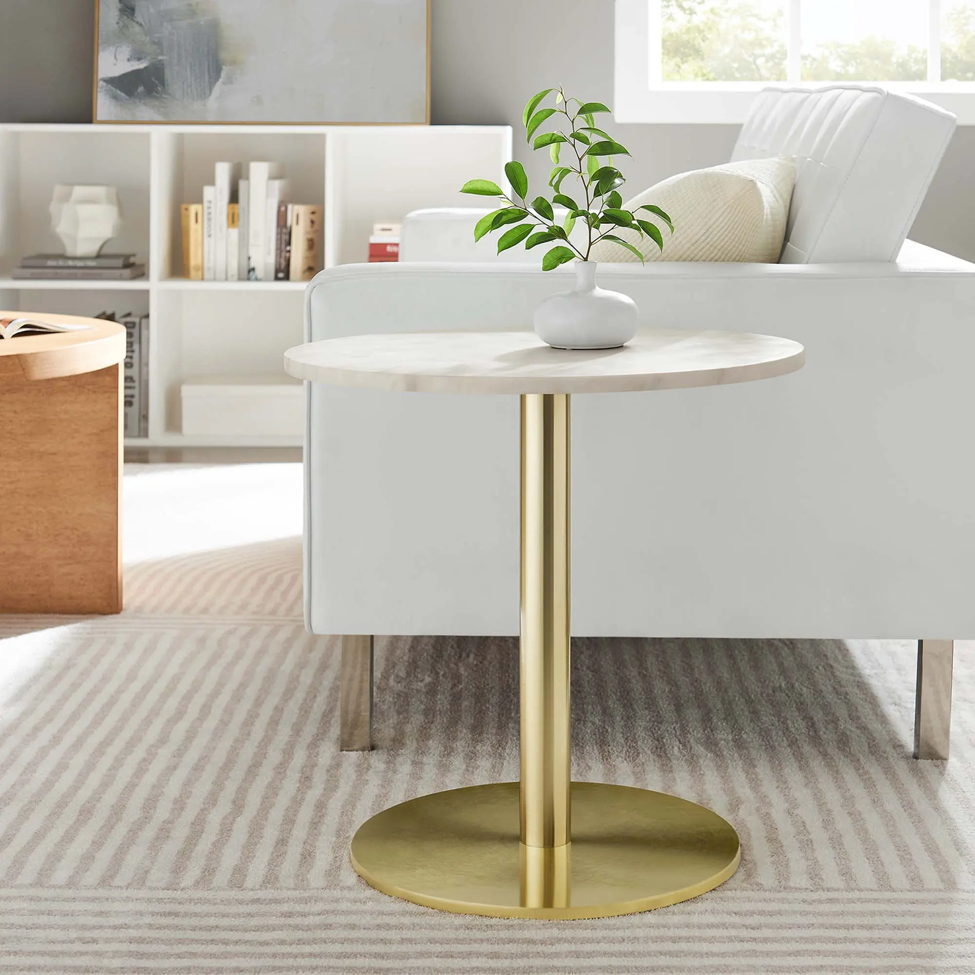 Modway Viva Round White Marble Side Table with Brass Accents, Modern Accent Table, Circular, Contemporary Style, Curved Design, Elevated Indoor Living Room Furniture, Modern Accent Tables, Circular Living Room Furniture
