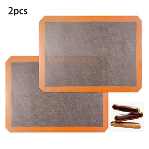 Perforated Silicone Baking Mats, 2 PCS Eclair Silicone Mat for Half Sheet with 12 Printed Oblong Eclair Guides, Non-Stick Reusable Oven Liners for Making Bread/Pizza/Pastry/Cookie 11-4/5" x 15-3/4"