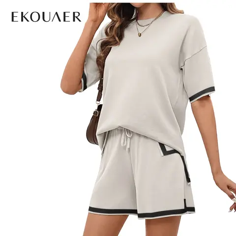 Ekouaer Women's 2-Piece Knitted Matching Pajama Set - Soft, Breathable, Loose-Fit Short-Sleeve Pullover Top, Elastic Fabric Above-The-Knee Summer Sleepwear & Loungewear