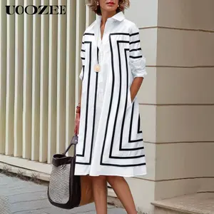 UOOZEE Women's 2025 Collared Half-Sleeve Loose-Fit Button-Front Striped Cotton Midi Dress Shirt, Breathable Light Sheer Fabric, Pockets, Comfortable Spring Summer Casual Wear