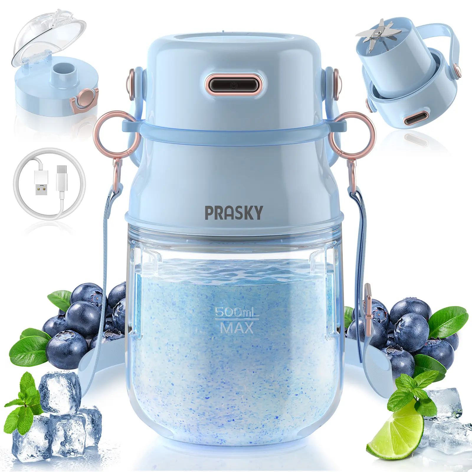 Prasky Portable Blender, Type-C Rechargeable blender, Mini Blender, Personal Blender for Fresh Juice, Smoothies & Protein Shakes with Extra Lid and Shoulder Strap, Dishwasher Safe Parts, Ideal for Gym/Travel/Kitchen/School/Driving