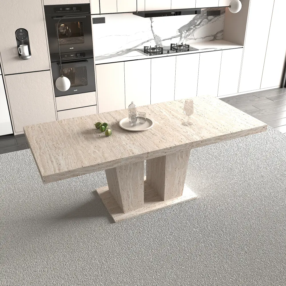 Rectangular Extendable Dining Table - 160-200 cm Size, Thick Tabletop, Travertine Texture, Solid Durable Wooden Look, Simple Elegant Indoor Furniture for 6-10 People, Extendable Table