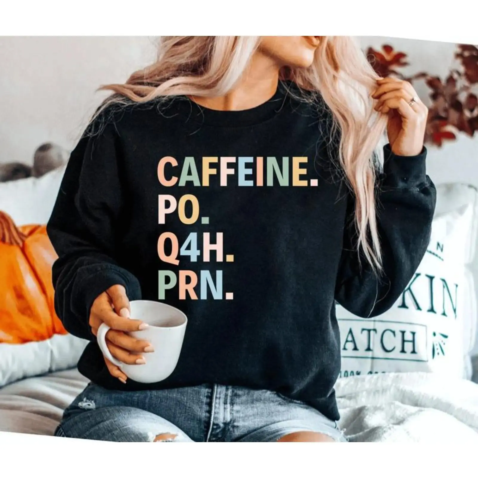 LoomLab OutfittersCaffeine Graphic Sweatshirt Coffee Lover Crewneck Funny Coffee Quote Pullover Cozy Casual Streetwear Long Sleeve Top Oversized Unisex Fashion Sweatshirt Everyday Wear Gift for Coffee Fans