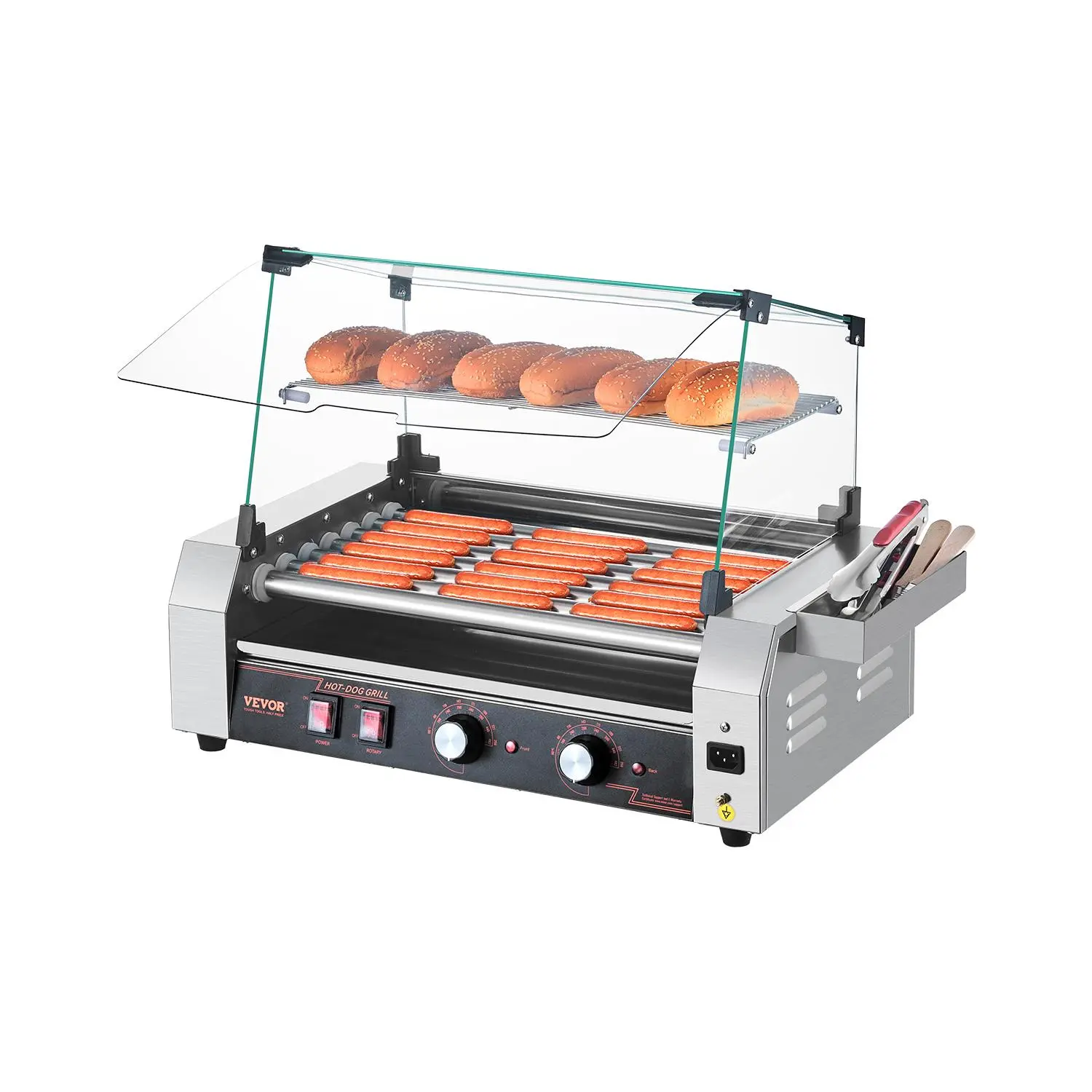 【Summerfinds】VEVOR 1050W Power Electric Commercial Hot Dog Grill Cooker Machine - 18-Roller Stainless Steel Tabletop Griddle with Lid, Storage Box, Protective Cover for Summer Use