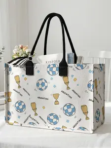 1 piece of 2D printed large capacity storage bag with soccer trophy pattern, extra large storage bag, sturdy handle, space-saving multi-purpose, suitable for use at school, on business trips, and shopping, Fashionable Shopping Bag, Shopping Totes