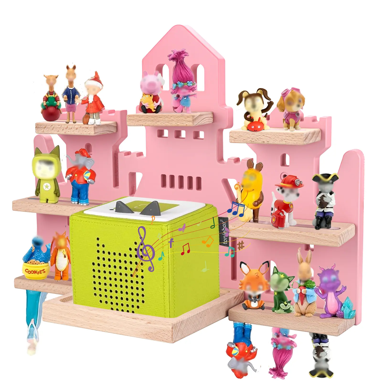 Castle Shelf for Music Play Box 2/1- Storage for Music Box & Toy Figures & Charging Station, Magnetic Wooden Floating Shelf for Music Box & 15-33 Toy Characters, Wall Mounted Rack,Castle Shape